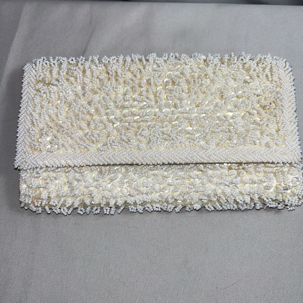 Vintage Simon By Ernest Blum White Sequin & Beads Clutch Purse